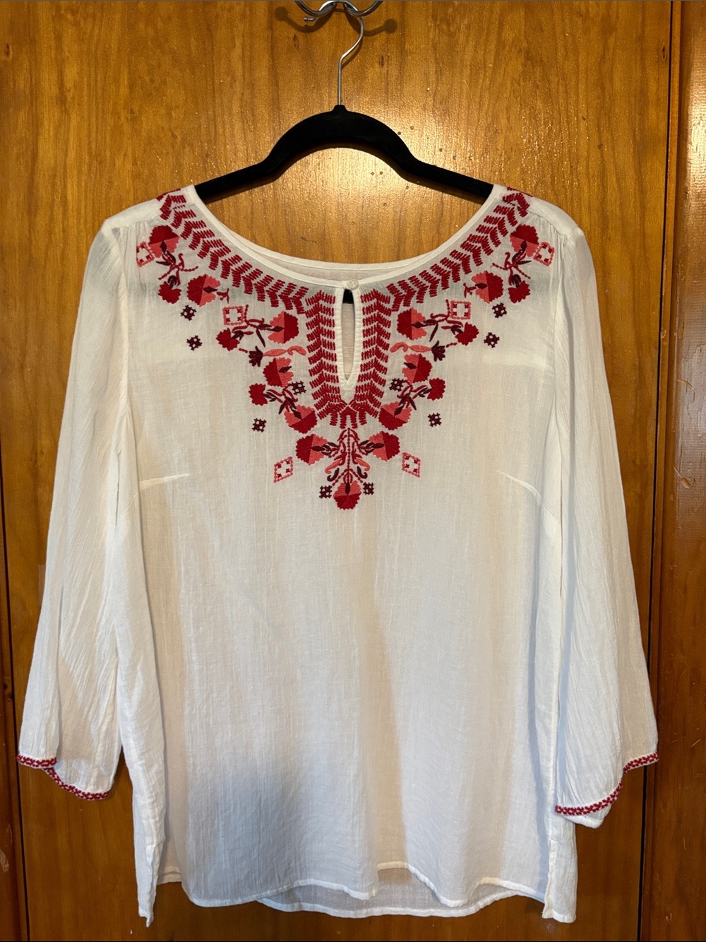 NWOT Talbots White Peasant Sheer Tunic with Red Embroidery - Size M